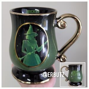Wicked DEFY GRAVITY Elphaba Mug, Double Sided Pedestal Style Mug w/ Gold Accents